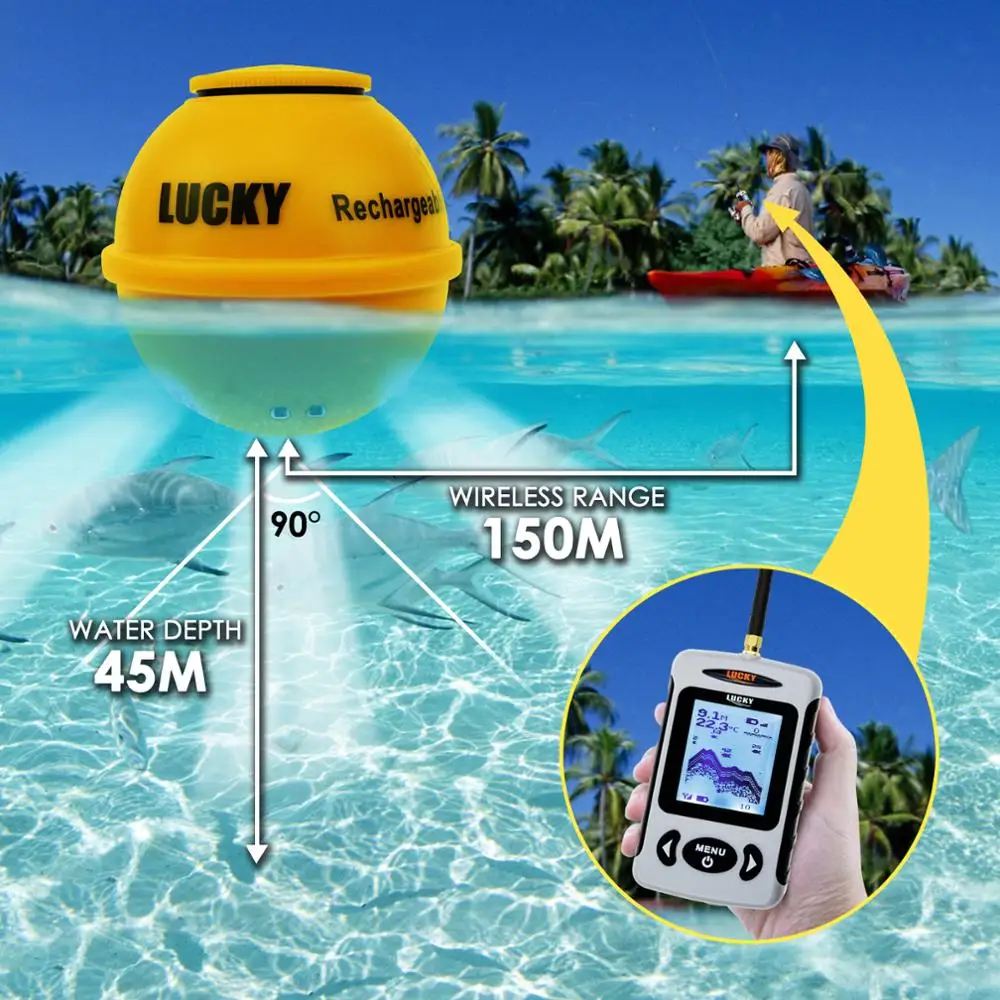 Lucky 45M Wireless Sonar Sensor Rechargeable Fishfinder w/ Attractive Lamp 90° 