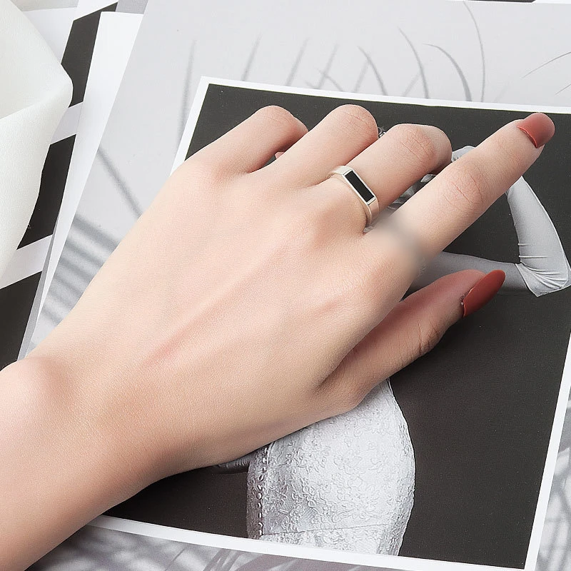 Silver Color Geometric Black Adjustable Ring Minimalist Fine Jewelry For Women Party Gift Trend silver ring adjustable rings finger ring
