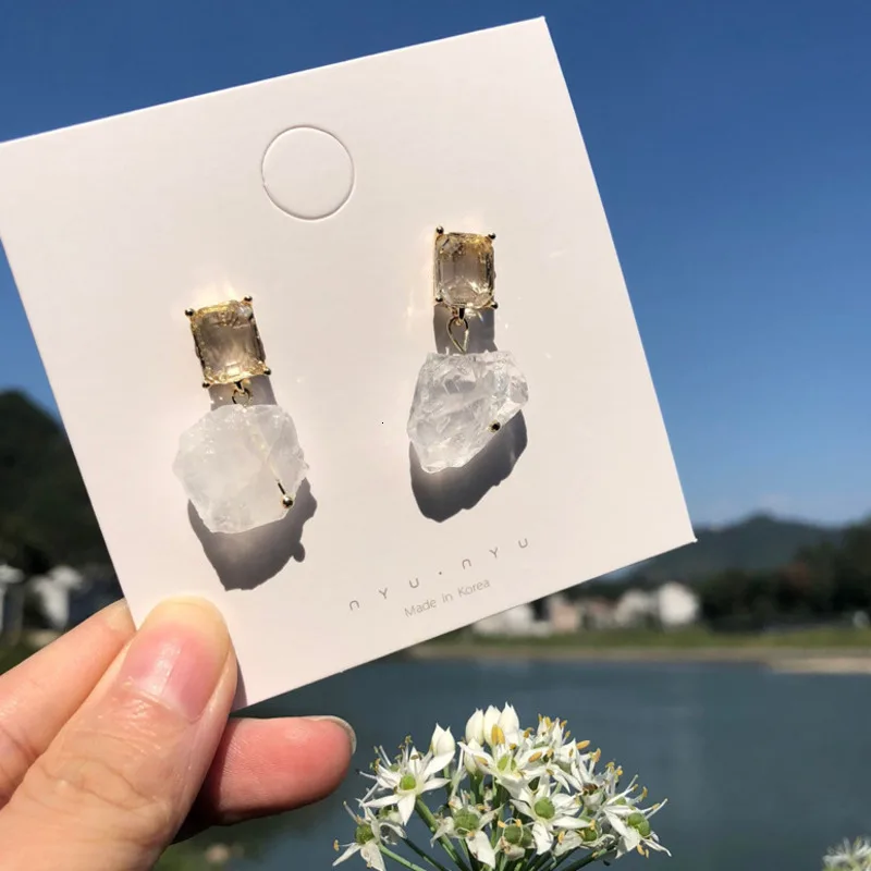 

2019 New Statement Irregular Natural Stone Earrings For Women Square CZ Pendientes Fashion Girl Jewerly