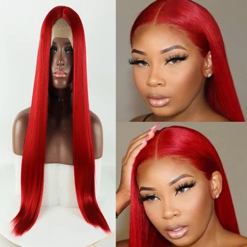 

Swiss Straight Red Wig Middle Part 26 inch Synthetic Long Wigs for Black Women Heat Resistant Fiber Lace Wig With Baby Hair