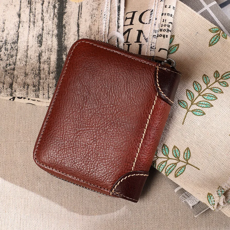 

Handmade Purse Women's Short Genuine Leather Zipper Leather Wallet 2019 New Style Retro Large Capacity First Layer Cow Leather W