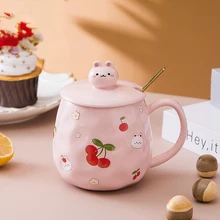 

Embossed Cute Rabbit Cherry Ceramic Mug With Lid Spoon Cartoon Coffee Milk Water Cup Gift Girls Kids Office 450ml Large Capacity