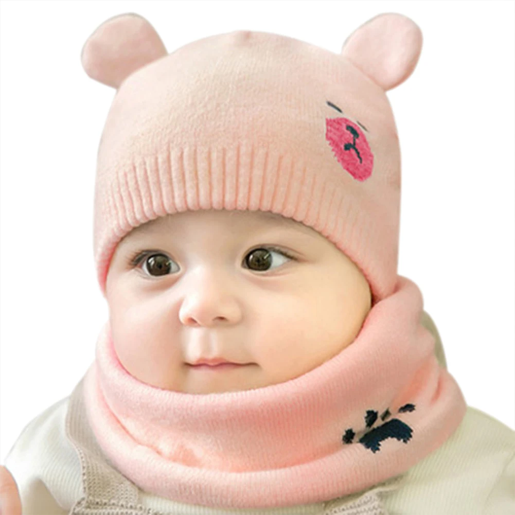 Новая детская зимняя шапка s наборы с шарфом теплая вязаная Круглая Шапочка Милая шапочка с мультяшным медведем - Цвет: pink