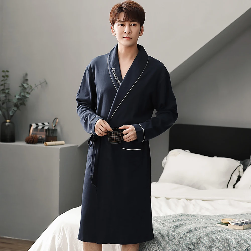 men's pajama sets 2021 Autumn Winter Loose Casual Bathrobe Men Dressing Gown Kimono Man Bath Cotton Long Sleeve V Neck Pijama Luxury Robe Dresses silk pajama pants Men's Sleep & Lounge