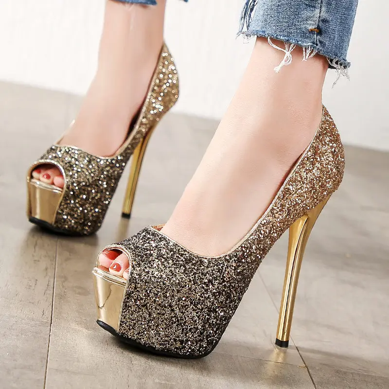 Skup Wysokie obcasy damskie seksowne czółenka z wystającym palcem platformowe buty złote czarne różowe buty weselne damskie czółenka obuwie damskie 2019