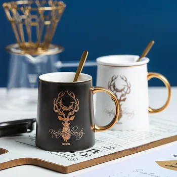 

"Natural Beauty" Modern Ceramic Mug with Lid Spoon Milk Coffee Tea Cup Drinkware