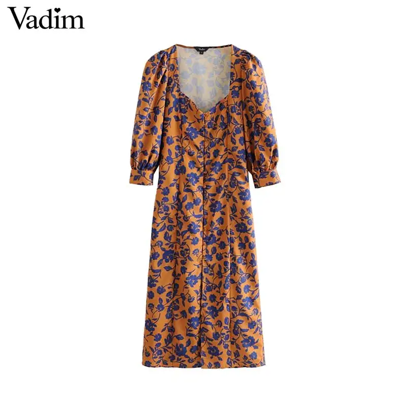 Vadim женское Ретро Цветочное платье миди с глубоким v-образным вырезом на молнии сбоку три четверти рукав винтажное тонкое стильное платье до середины икры QC734
