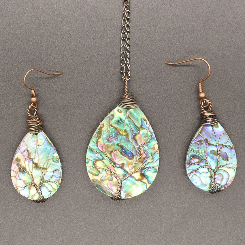 

FYJS Unique Copper Plated Wire Wrap Abalone Shell Pendant Water Drop Necklace Dangle Earrings Tree of Life Jewelry Sets