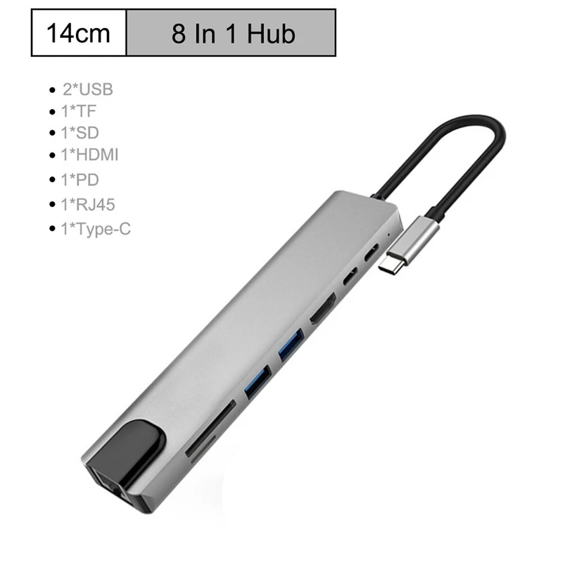 USB C концентратор 8 в 1 мульти порт type C адаптер с 4K HDMI порт, Ethernet 1000 Мбит/с RJ45 порт, USB-C питания, TF/SD карты Reade