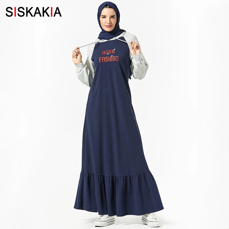 navy blue dress Siskakia/толстовки; длинное платье; модное платье с вышитыми буквами и длинным рукавом; популярные цвета; Лоскутные Платья с оборками; Свинг макси; Спортивные Повседневные платья - Color: navy blue dress