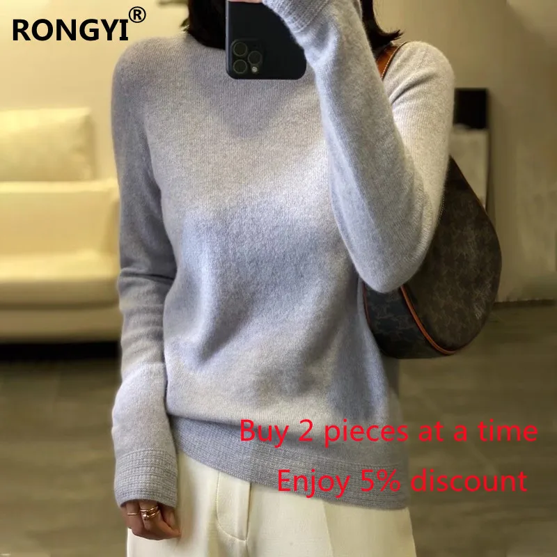 RONGYI Ladies 100%Pure Wool Sweater Spring Autumn New High Neck Tops Large Size Knit Pullover Warm Long-Sleeve Cashmere Sweaters sweater hoodie Sweaters