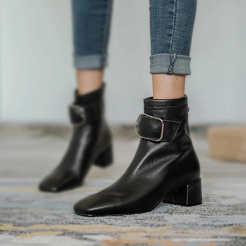 

2020 Autumn winter new fashion versatile female boots leather ankle boots belt buckle thick heel Martin boots X482