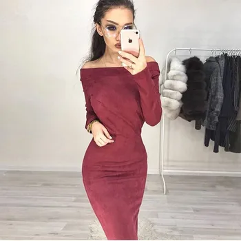 

Suede Dress Womens Sexy Bodycon Party Dresses 2019 Spring Autumn Long Sleeve Elegant Off Shoulder Club Mid Dress Female Vestidos