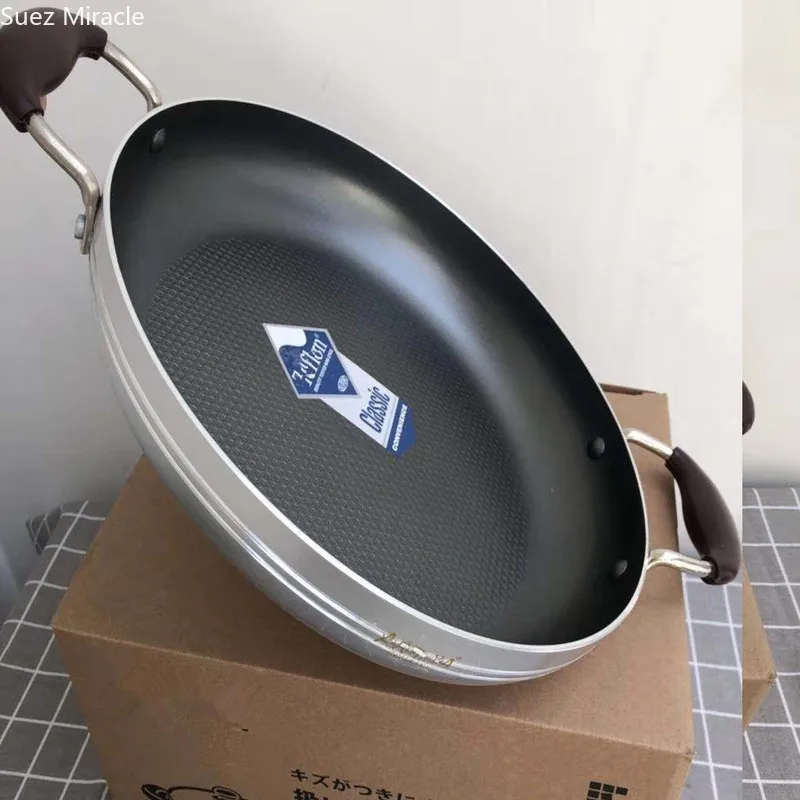 

30cm double ear frying pan non stick thicken bottom pan fried dumpling baking pan korean cookware for table Aluminum Alloy