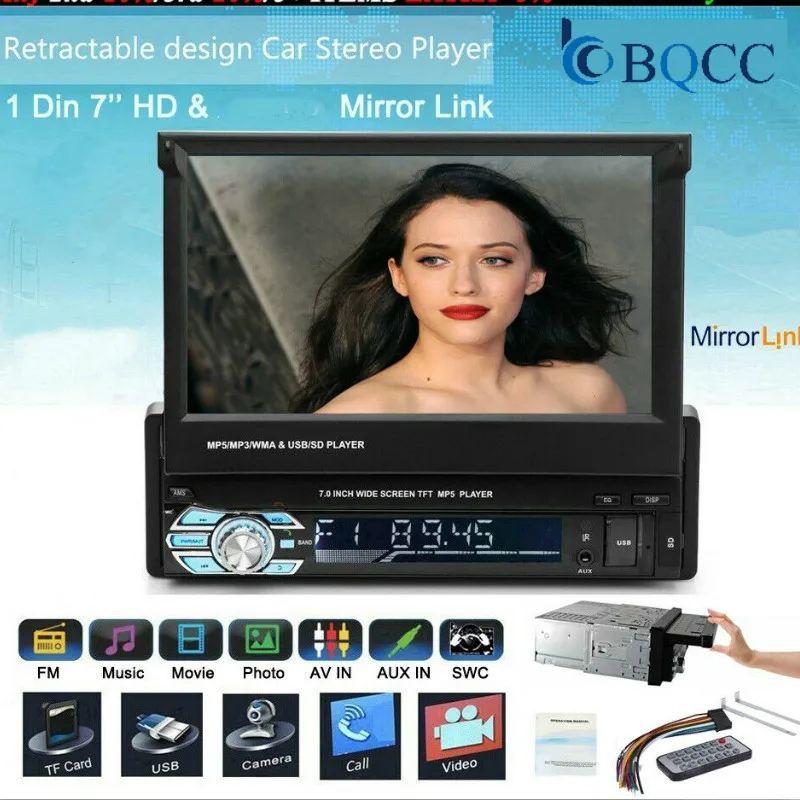 

1Din Car Audio HD Digital 7" Retractable Touch Screen Stereo MP5 Player Rear View Camera Bluetooth Hands Free Autoradio