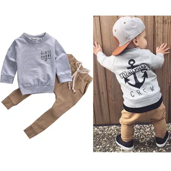 

2 Pcs/Set Newborn Kids Baby Clothing Sets "Scallywag Crew" Grey Cotton Tops+ Khaki Pants Baby Casual Clothes Outfits Autumn New