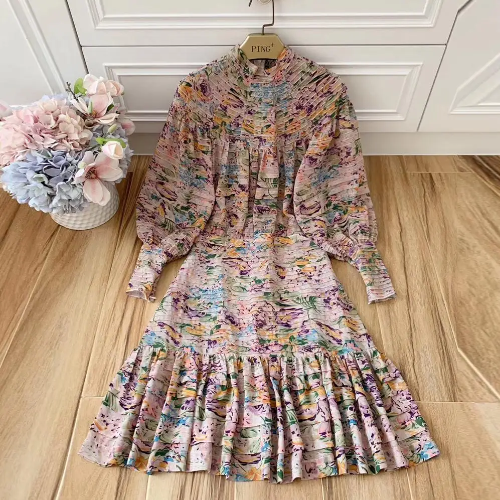 Red RoosaRosee Runway Designer Women Elegant Flower Print Autumn Spring Draped Dress Long Lantern Sleeve Gorgeous Party Dresses - Color: COLOR