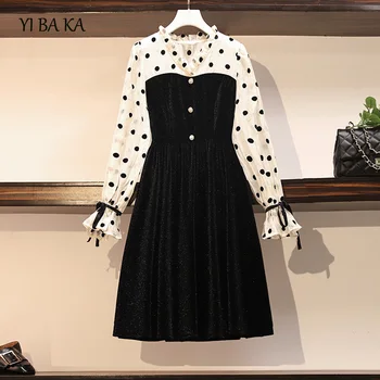 

vintage plus size autumn dress vestidos 2020 fashion dot print bow patchwork knee length women dress loose casual female dress