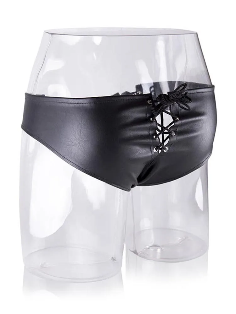 Hot Faux Leather Metallic Shiny Boy Shorts Lace Up Brief Men Kinky Bikini Underwear Under Pants Fetish Lingerie for Him