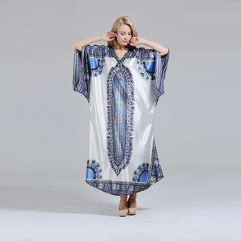 

African Dashiki Dress Bohe Style V-Neck African Traditional Dashiki Blue Print White Dress