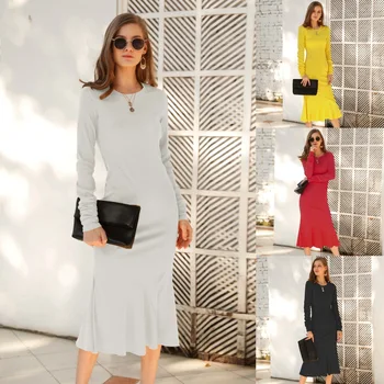 

BacklakeGirls 2020 Elegant Solid Women Evening Party Club Wear Long Sleeve Round Neck Ruffle Mermaid Midi Dress Robe Longue