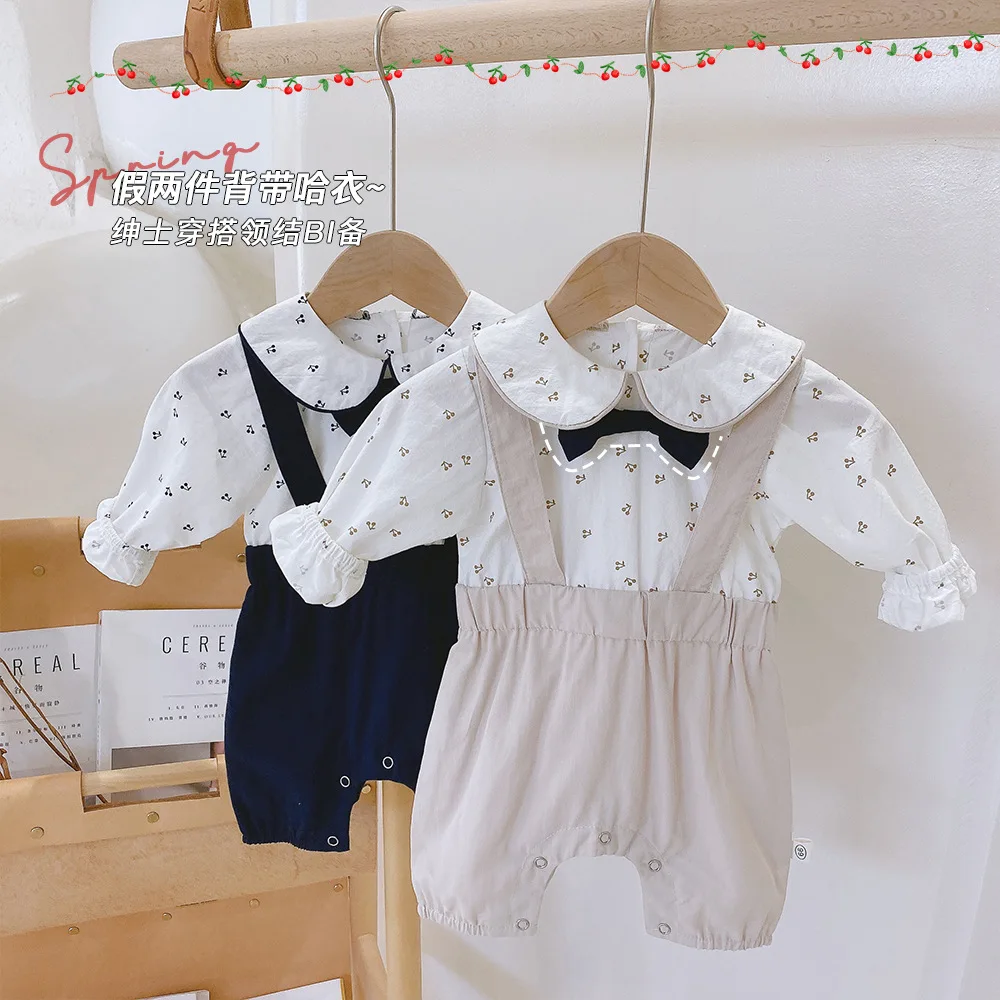 Newborn Long-sleeved Jumpsuit Fake Two-piece Romper 2021 Spring Outfit Baby Boy Gentleman Bow Tie Full Moon Infant |