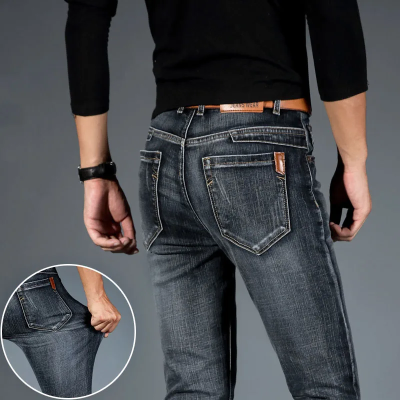Pantalones vaqueros elásticos para hombre, Jeans ajustados rectos de negocios, clásicos, informales, alta calidad, otoño y primavera, 2020