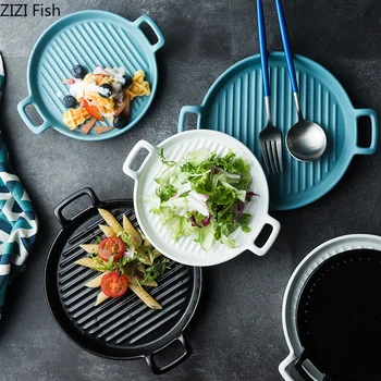 

European Style Baking Dish Double-Eared Round Ceramic Baking Mould Pasta Dishes Pans Baking Tray Kitchen Steak Plate