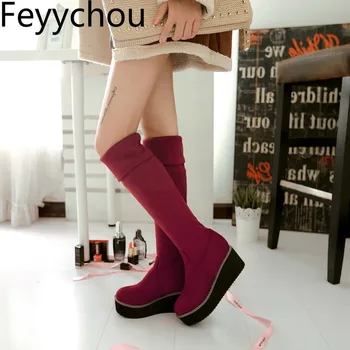 

Women's Boots Autumn Winter Warm Increase Within Round Toe High Heel Leg Stretch 2019 Sexy New Fashion Flock Red Black Size34-43