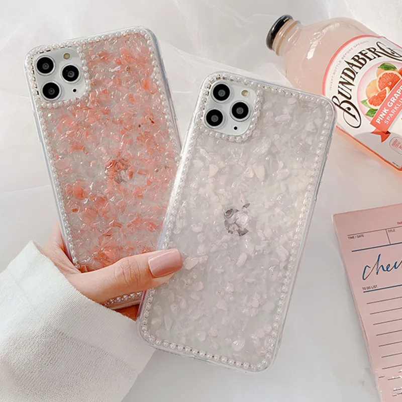 Glitter Pink Petal Pearl Clear Phone Case for Iphone 11 Pro Max X Xs Xr 6 7 8 Plus Bling Crystal Acrylic Soft Tpu Back Cover |