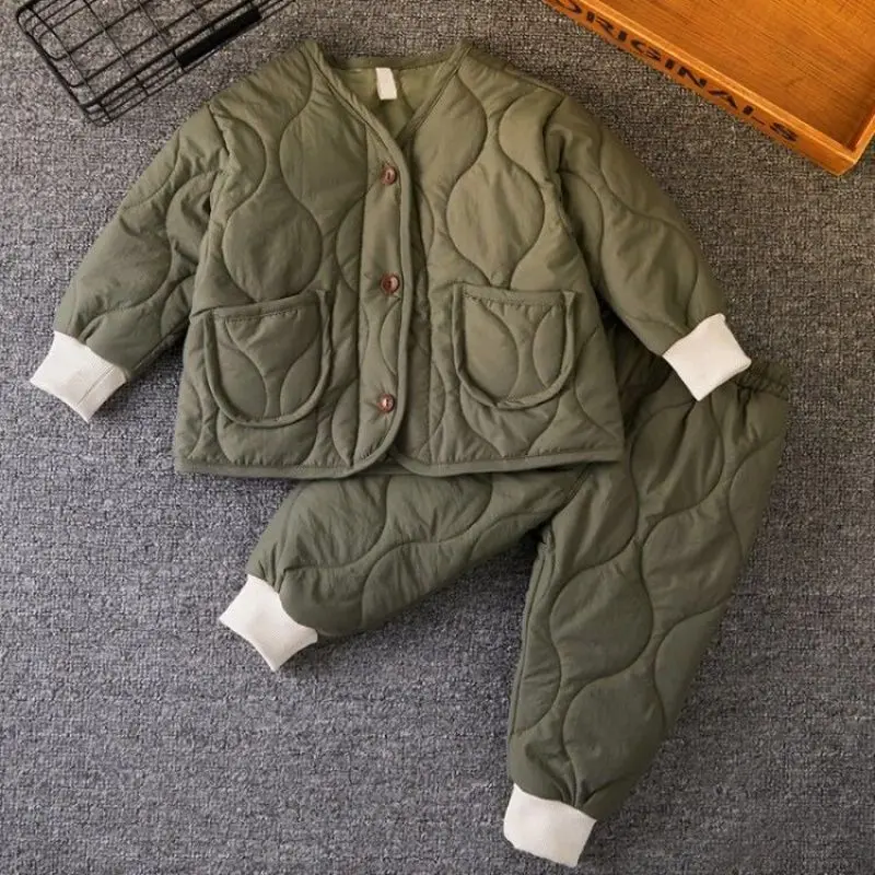 green Спортивные костюмы для маленьких мальчиков коллекция года, осенне-зимний детский костюм для девочек, комплекты одежды, куртка+ штаны комплект одежды из 2 предметов для девочек, теплый хлопок - Цвет: green