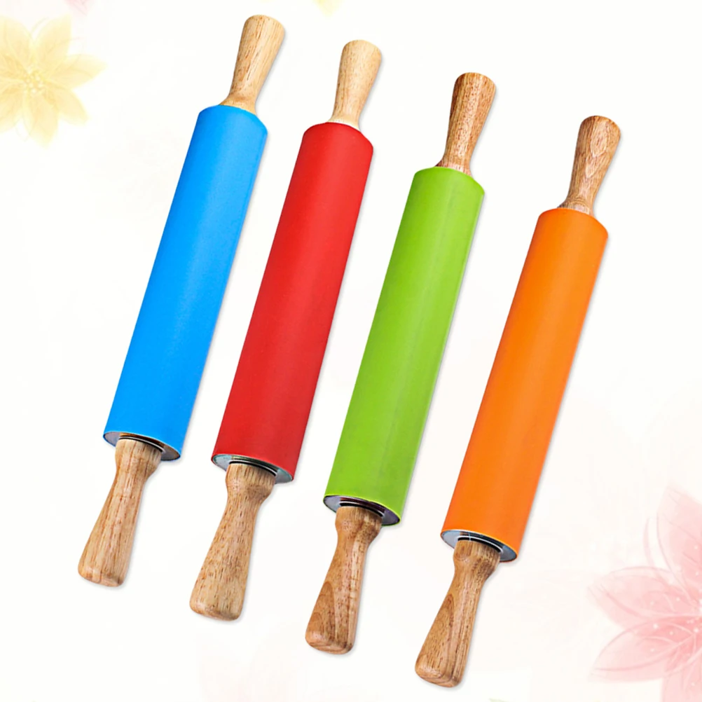 1pc Silicone Rolling Pin 38cm Non-Stick Wooden Handle Kitchen Tool For Pastry Dough Cookie Accessories Color Random