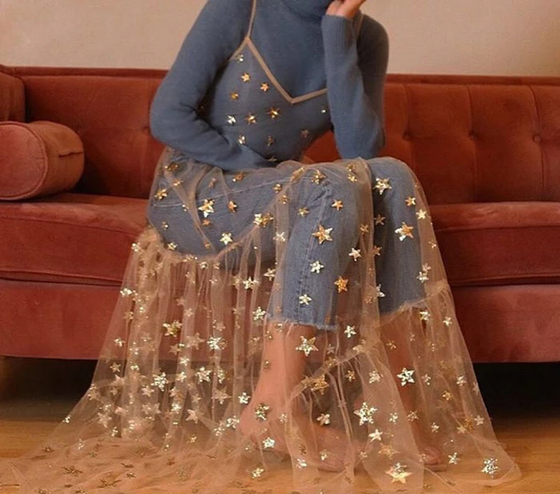 Mesh See-Through High Waist Maxi Dress For Women Vacation Bikini 2024 Summer Casual Pentagram Decoration Pleated Beach Dress 1
