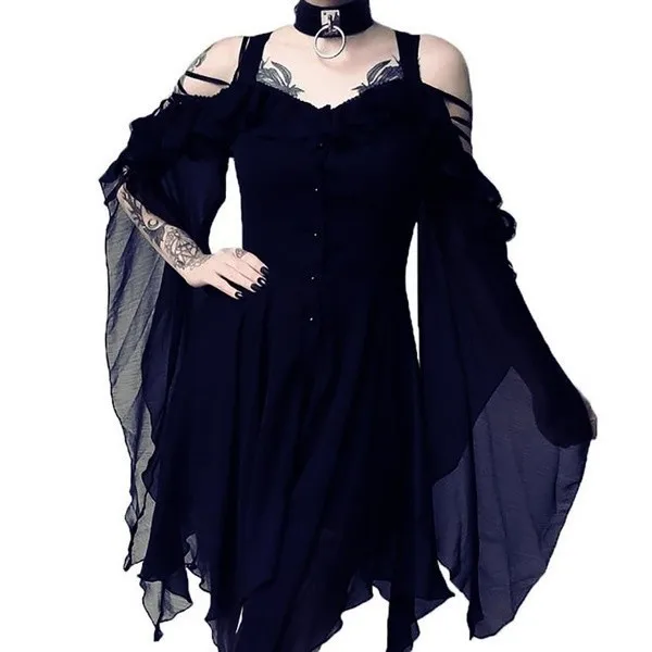 Christmas Dress Sexy Off Shoulder Flare Sleeve Halloween Women Irregular Button Party Dresses Fashion Black Blue Vestidos | Женская