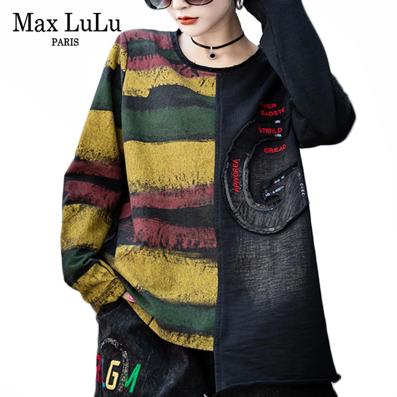Max LuLu модные корейские футболки женские осенние панк уличная Женская Лоскутная джинсовая футболка винтажная Женская одежда в полоску