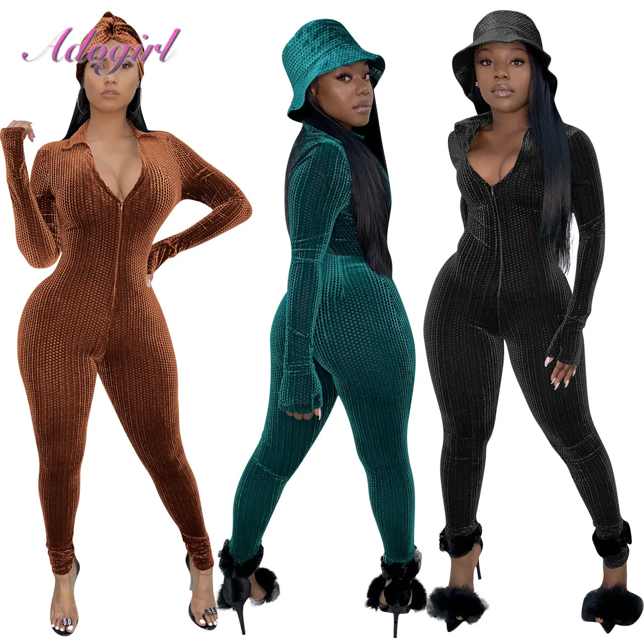 

Комбинезон женский бархатный с V-образным вырезом и длинным рукавом