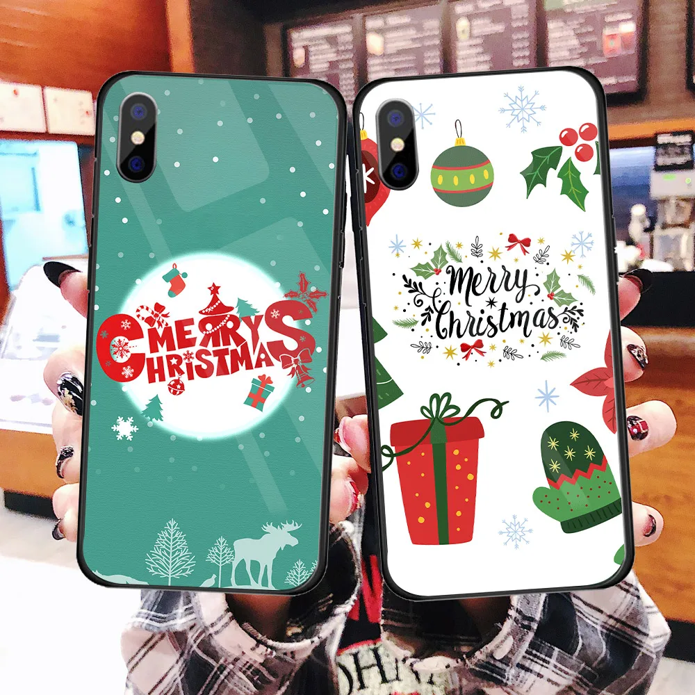Роскошный Рождественский чехол для iPhone X XS XR XSMAX, жесткий стеклянный чехол Чехол для iPhone 5 5S SE 6 6S 7 8, новогодний подарок, Conque