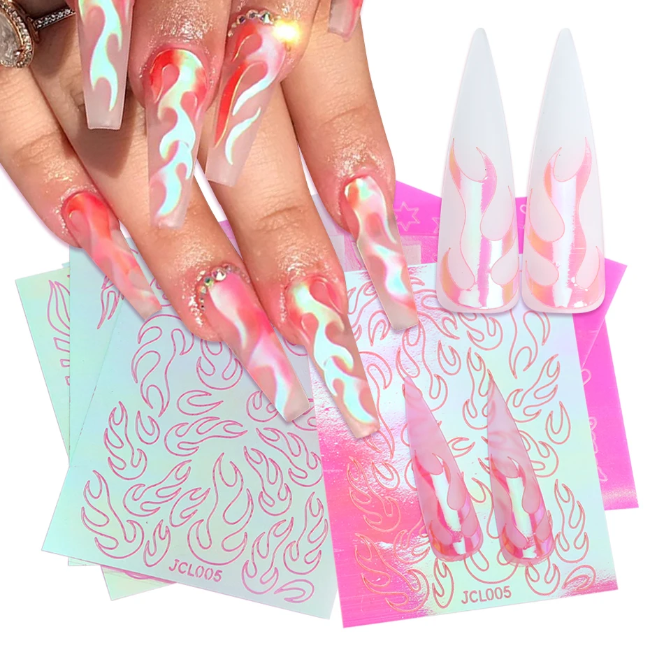 

Holographic Laser Fire 3D Nail Art Sticker Fire Flame Slider Nails Hollow Strip Line Sticker Decals Polish Manicure Decor BE1525