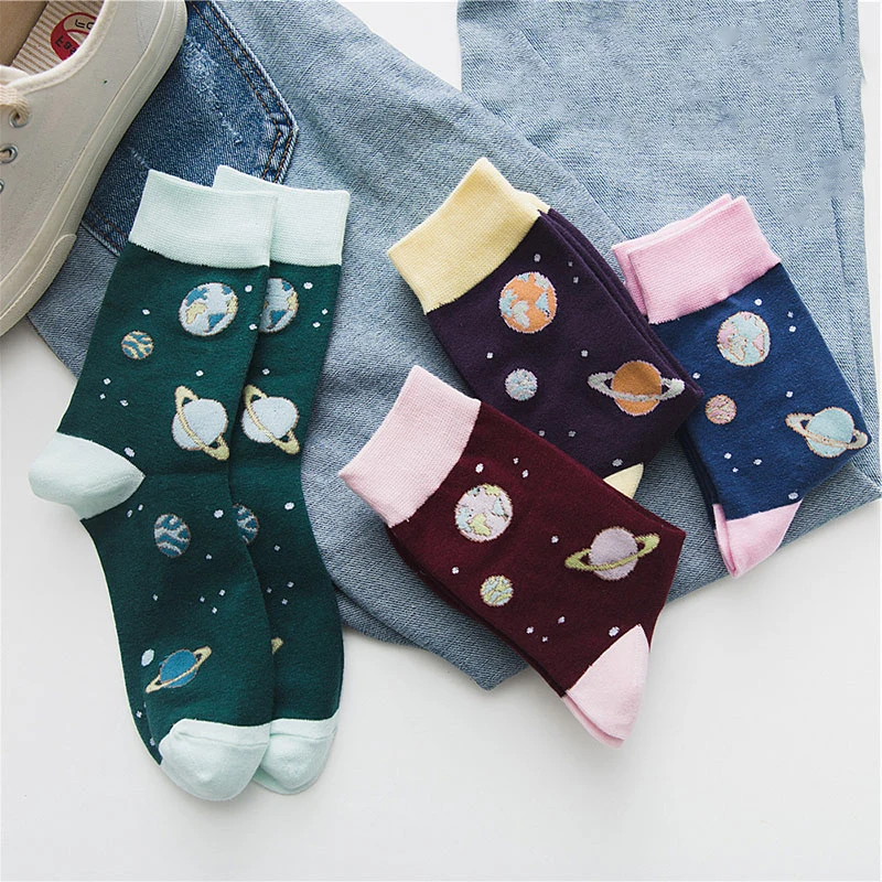 

Women Socks Autumn Winter New Cotton Cartoon Planet Socks Ladies Personality Harajuku Sweet Pink Purple Girl Casual planets