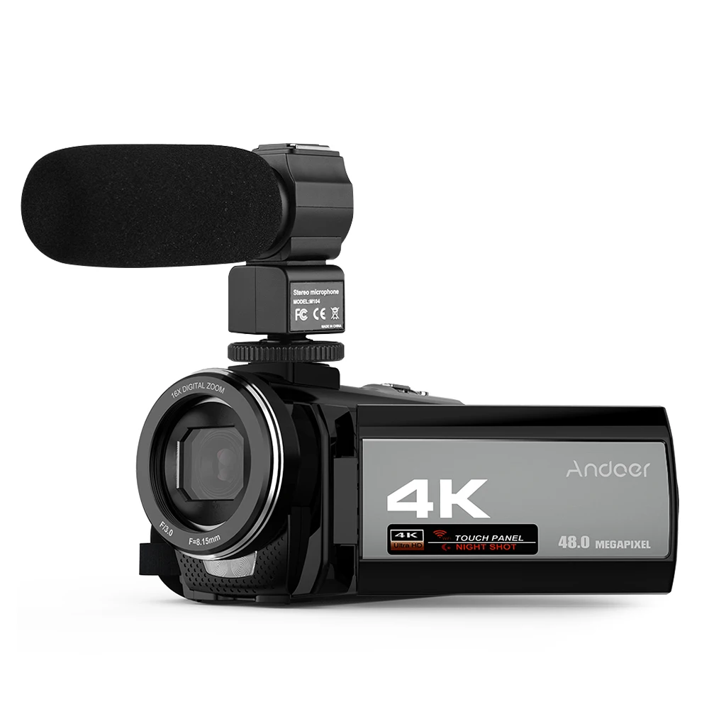 Andoer Портативная Домашняя видеокамера 4K 48MP WiFi цифровая с внешним микрофоном 0.39X