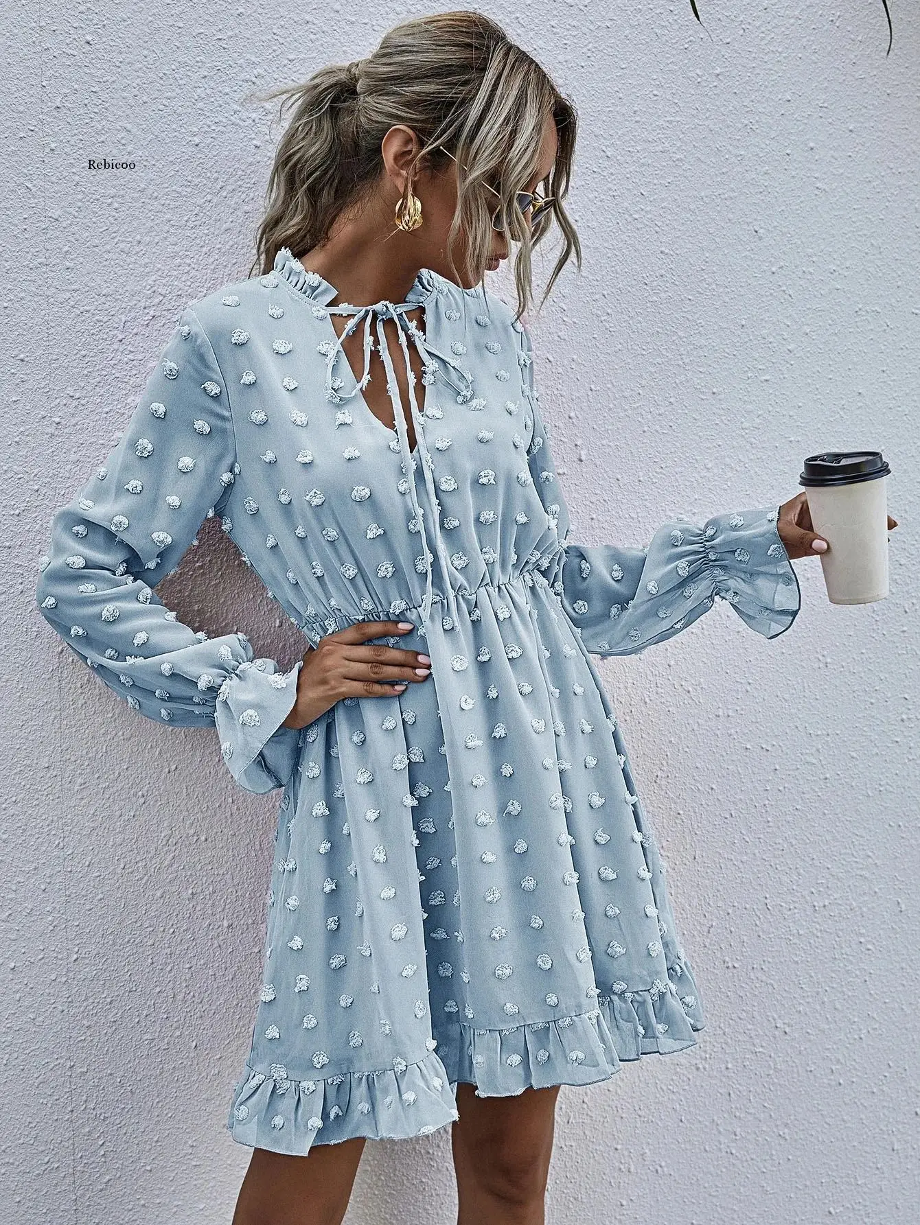 

Женское шифоновое платье-рубашка с аппликацией, розовое платье-рубашка с оборками на шее и длинным рукавом, Летнее мини-платье с высокой талией