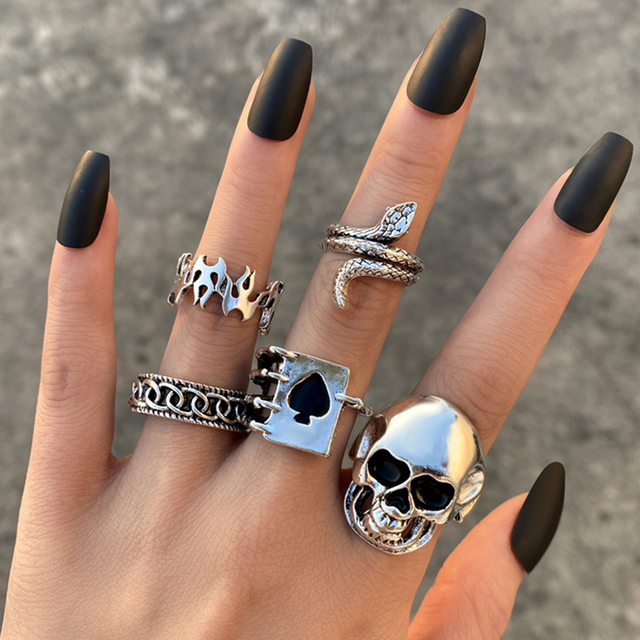 Silver Color Skull Heart Rings Set For Women Men Gothic Chain Retro Rings 2021 Trend Fashion Jewelry