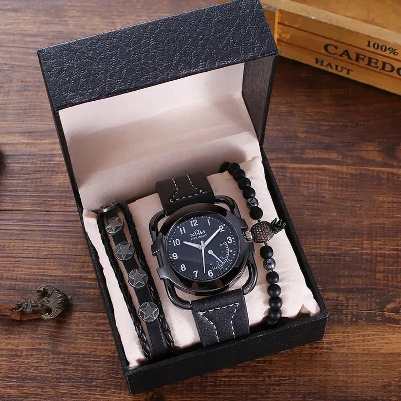 

New Fashion Men Quartz Wristwatch Men's Watches Bracelet 3Pcs Set Casual Sport Big Dial Watch Gift Set For Mens With Clock Box