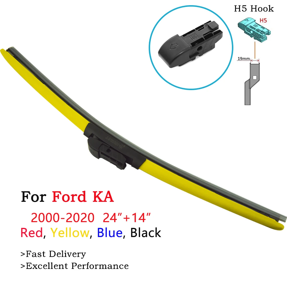 

2Pcs Colorful Frameless Hybrid Car Wipers For Ford KA 2000-2020 24"&14" Windscreen Wiper Blade Fit H5 Push Button Arm Red Blue