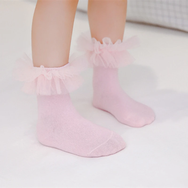 Baby Pink With Pink Lace Trim Ankle High Socks - Socks