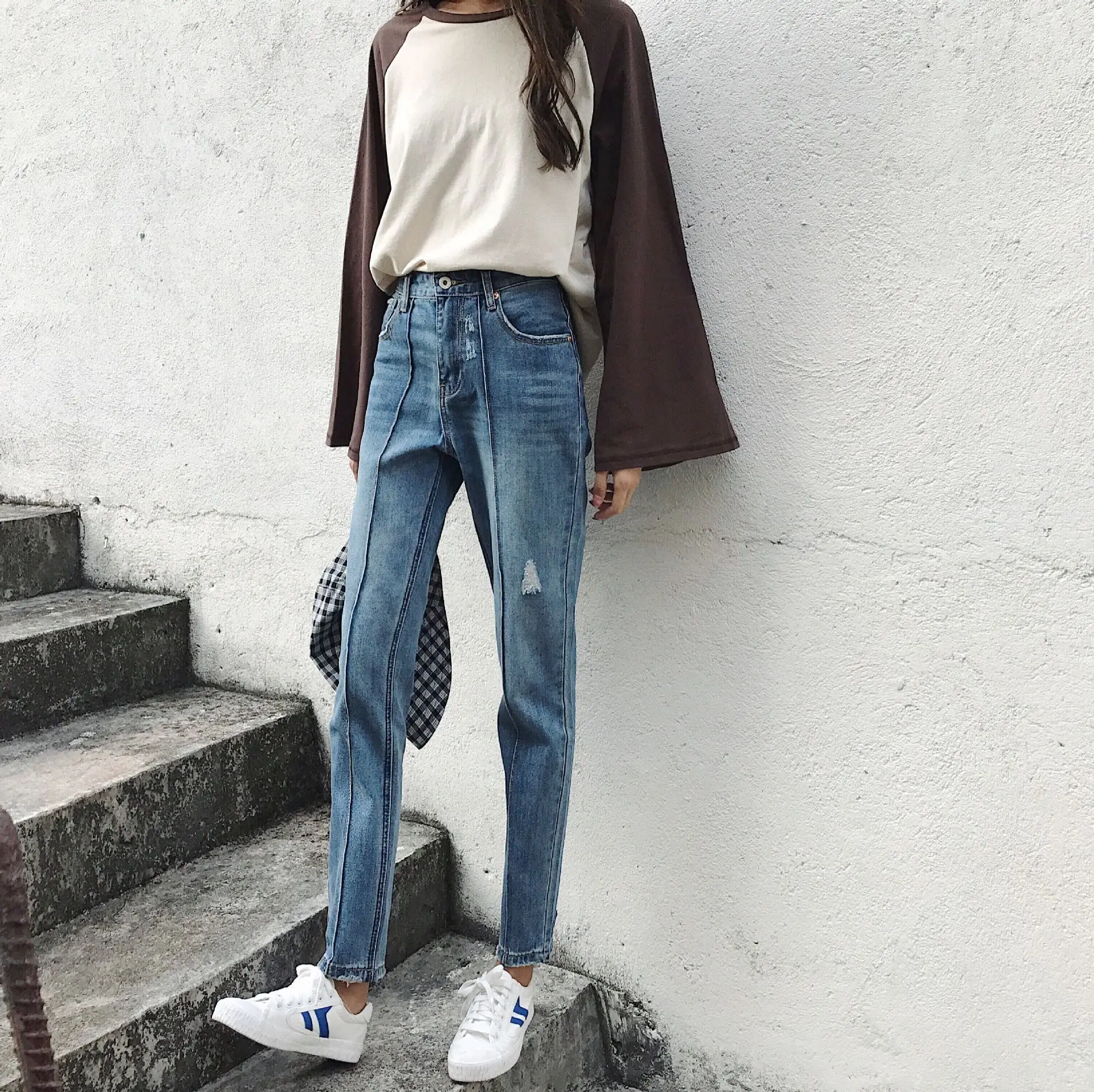 

Trend of Korean Pants Retro-fashioned Slim Straight Cylinder Jeans and Pants In 2019 Fake Zippers Full Length Jeans Pants Women