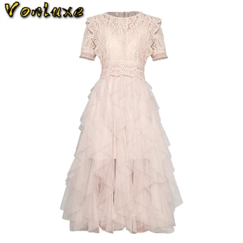 

Short Sleeve O-Neck Hollow Out Lace Tute Tulle Pleated Dress Women Runway Designer Patchwork Elegant Princess Vintage Dresses