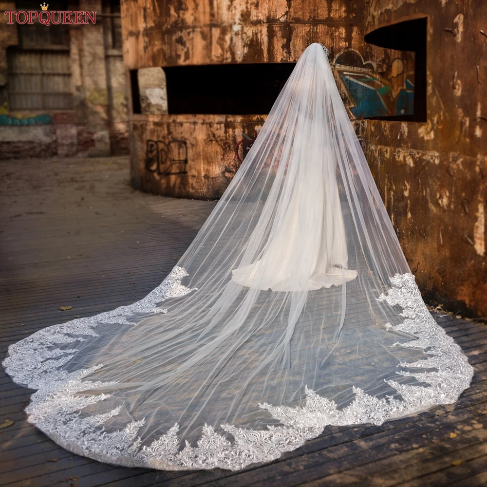 Top Queen V20 Luxury Floral Bridal Veil with Pearls Bridal Cathedral Train Wedding Veil White / 400cm/157 inch