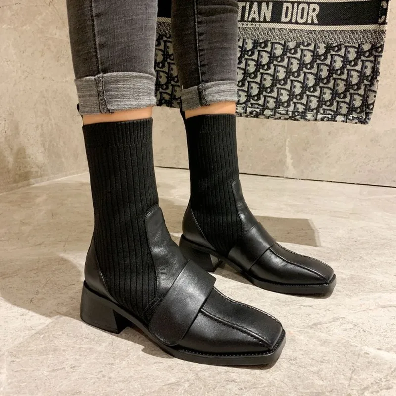 

Womens Square Toe Ankle Boots Snake Pattern Stitching Knitting Pull On Chunky Block Heel Belt Hook Loop Genuine Leather Shoes