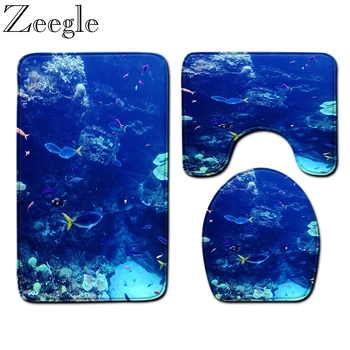 

3D Underwater World Bathroom Carpet Set Anti-slip Bathroom Rug Absorbent Microfiber Bath Foot Mat Bathroom Toilet Pedestal Rug